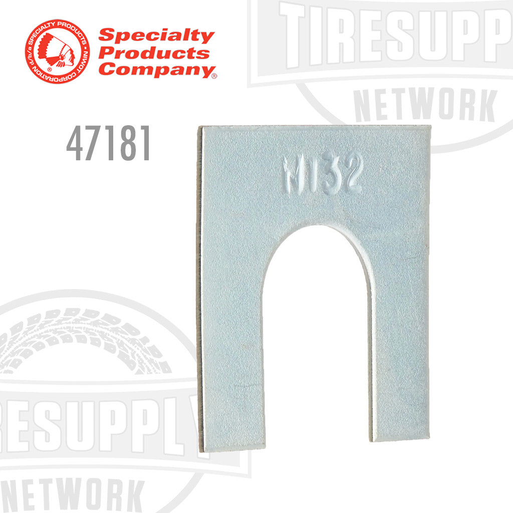 A single silver-colored metal caster/shaft shim with the number 1/32 inscribed on it, against a white background with company branding text.