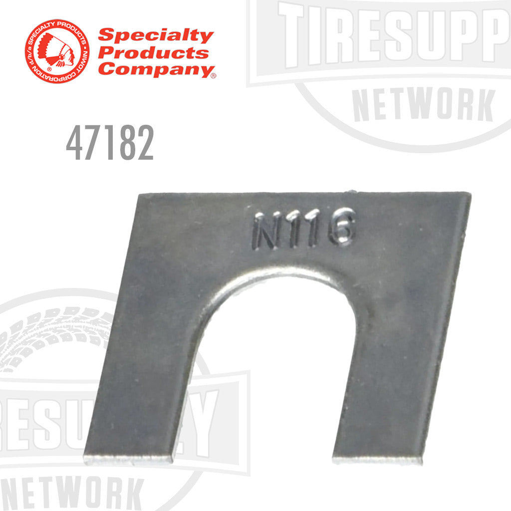 A black metal caster/camber shim with the Specialty Products Company logo and the model number 47182 printed on it.