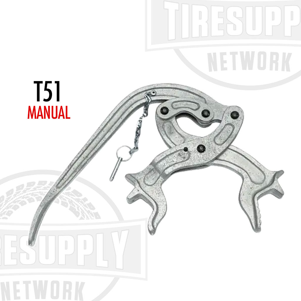 A manual tire spreader made of metal, with a lock pin and branding tag, displayed against a white background. T51