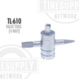 A 4 way valve tool designed for repairing and reconditioning inside and outside valve threads, and for inserting and removing cores. The tool appears to be made of a durable metal and is cadmium-plated. TL-610