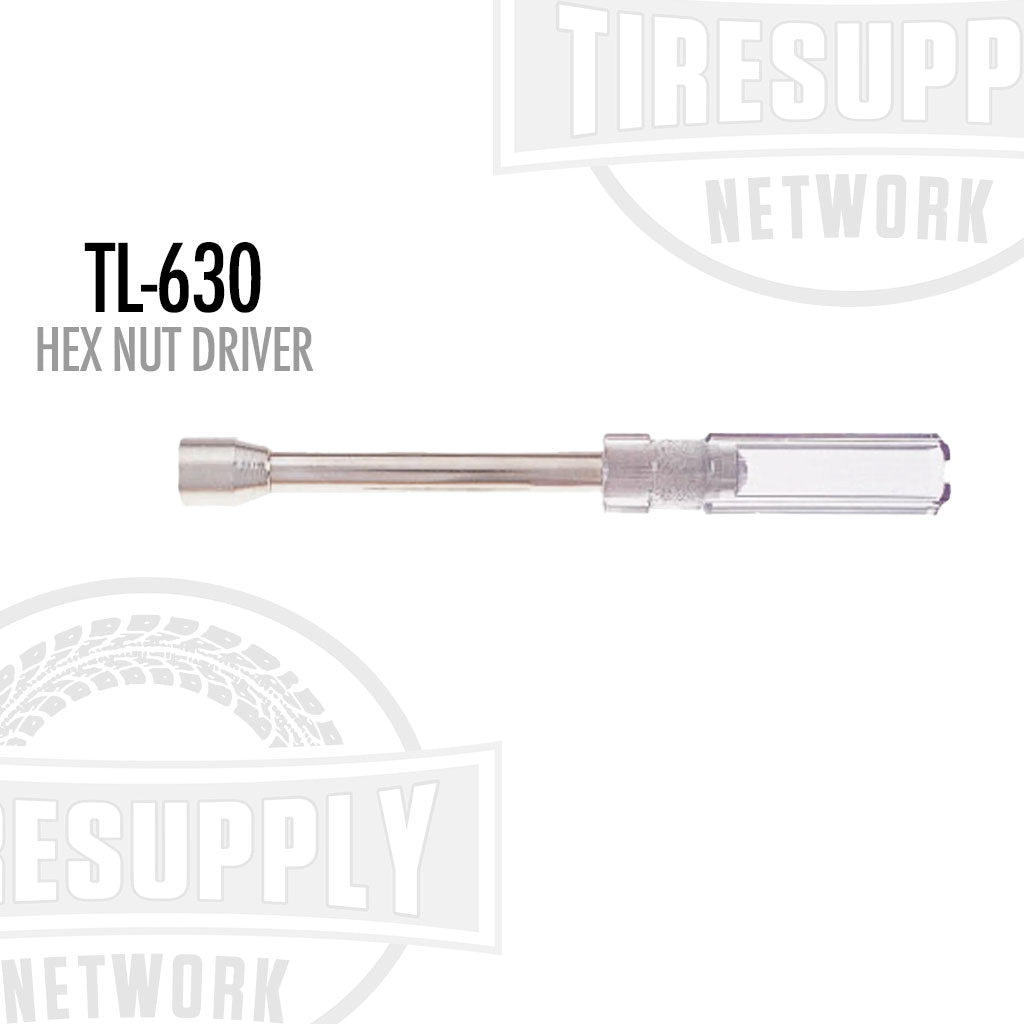 A silver-colored hex nut driver tool with the label 'TL-630 HEX NUT DRIVER' printed on it.