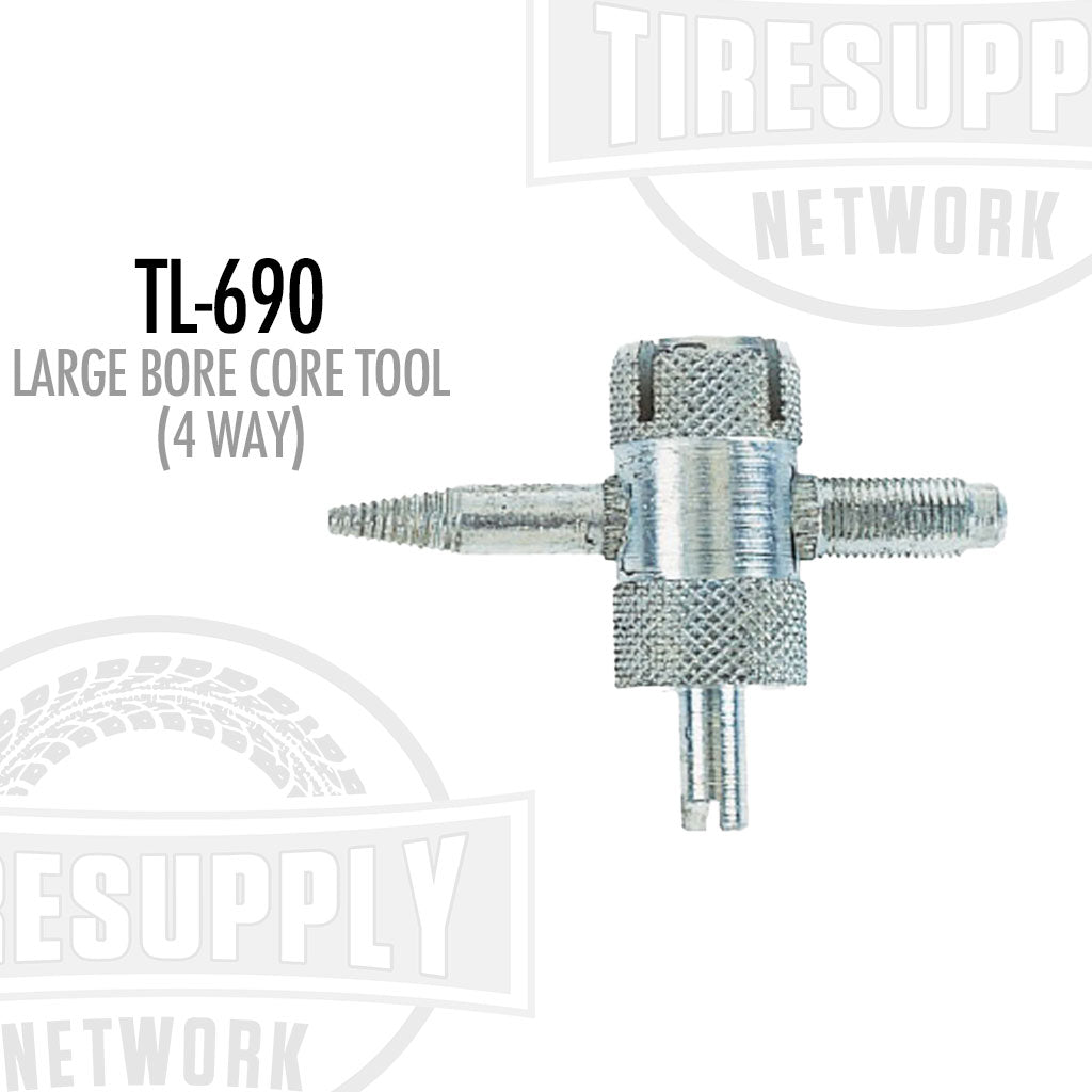 A 4-way large bore core tool designed for valve repair, with threaded connections and a metallic finish. TL-690