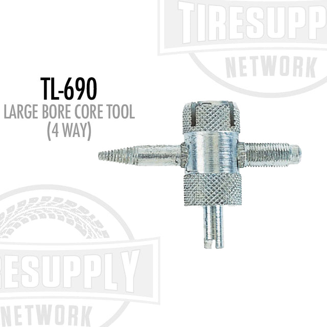 A 4-way large bore core tool designed for valve repair, with threaded connections and a metallic finish. TL-690