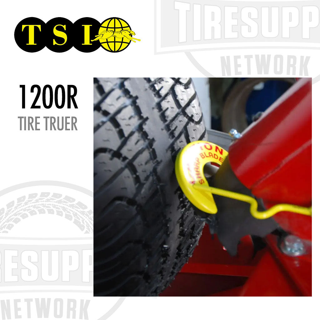 Tire Truer tool being used on a tire with TSI and tire supply Network branding. TSI | Amermac Tire Truer (1200R)