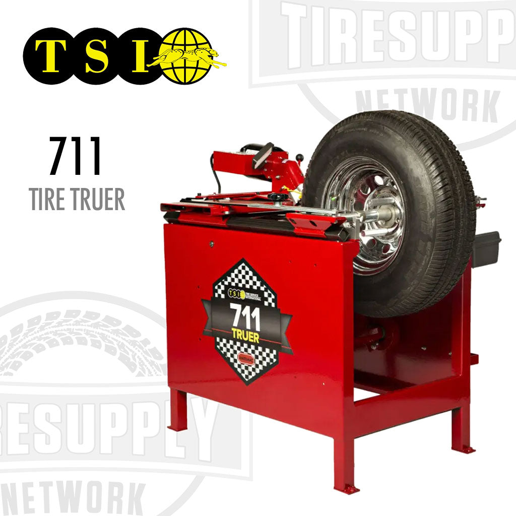 Red tire truing machine with a tire on it, branded with TSI and Tire Supply Network. TSI | Amermac Tire Truer (711)