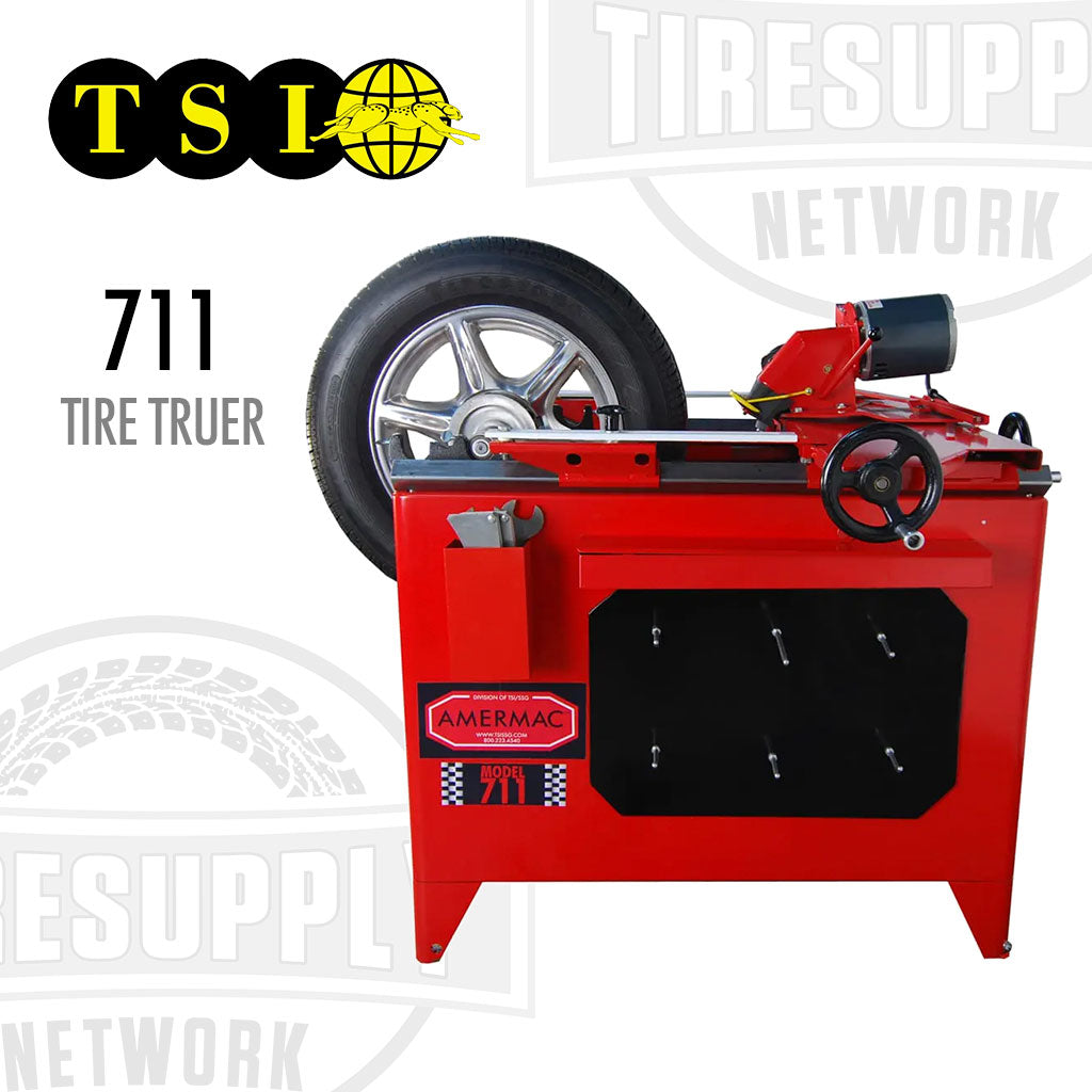 Red tire truing machine with a tire on it, branded with TSI and Tire Supply Network. TSI | Amermac Tire Truer (711)