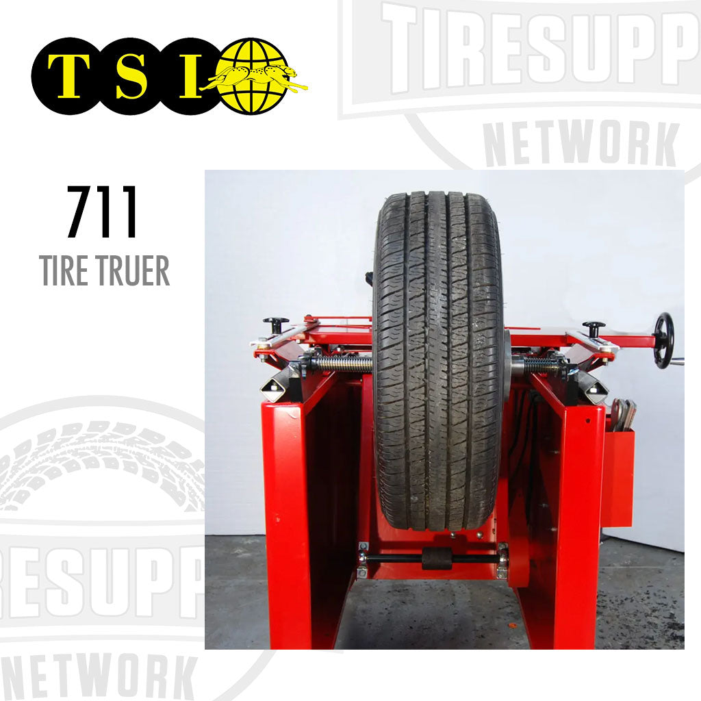 Red tire truing machine with a tire on it, featuring the TSI logo and Tire supply Network branding. TSI | Amermac Tire Truer (711)