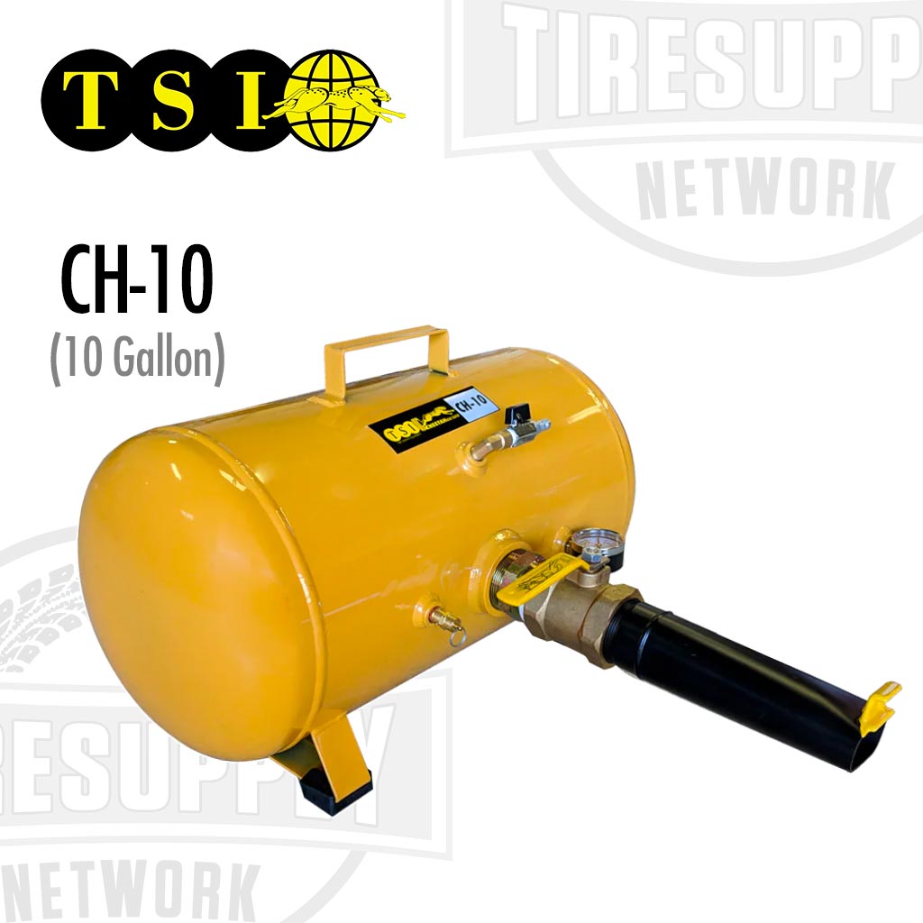 A yellow 10 gallon steel tank bead seater with black and red accents, labeled TSI and model number CH-10.