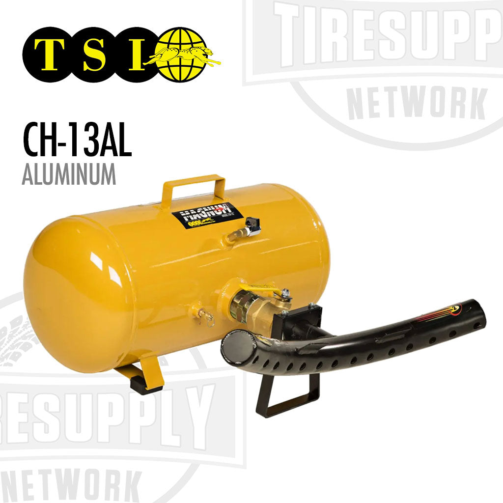 Yellow air compressor with black valve and handle on a white background, featuring TSI logo. CH-13AL. Bead seater