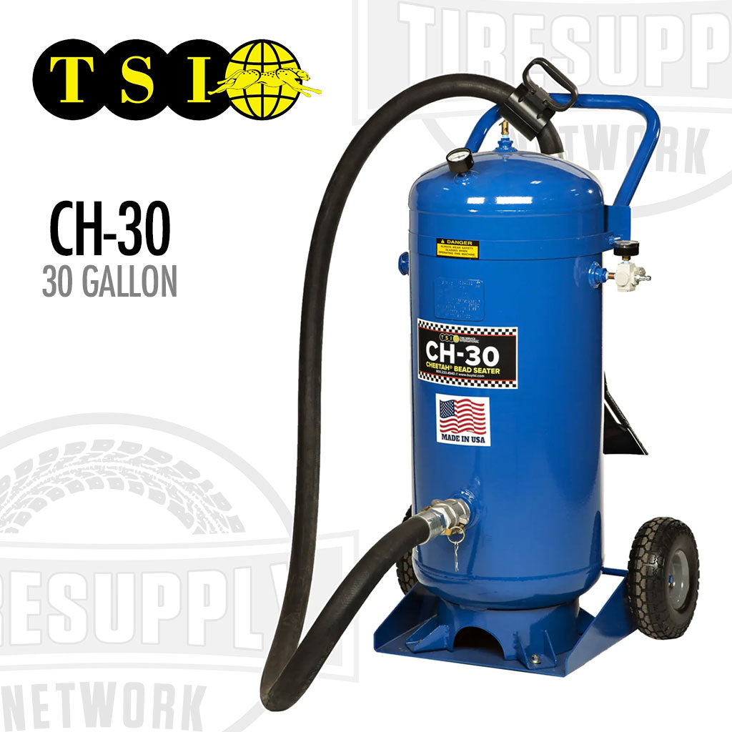 Blue 30-gallon paint sprayer with hose on a white background, featuring TSL branding. TSI | Cheetah Bead Seater – 30 Gallon ASME Tank (CH-30)
