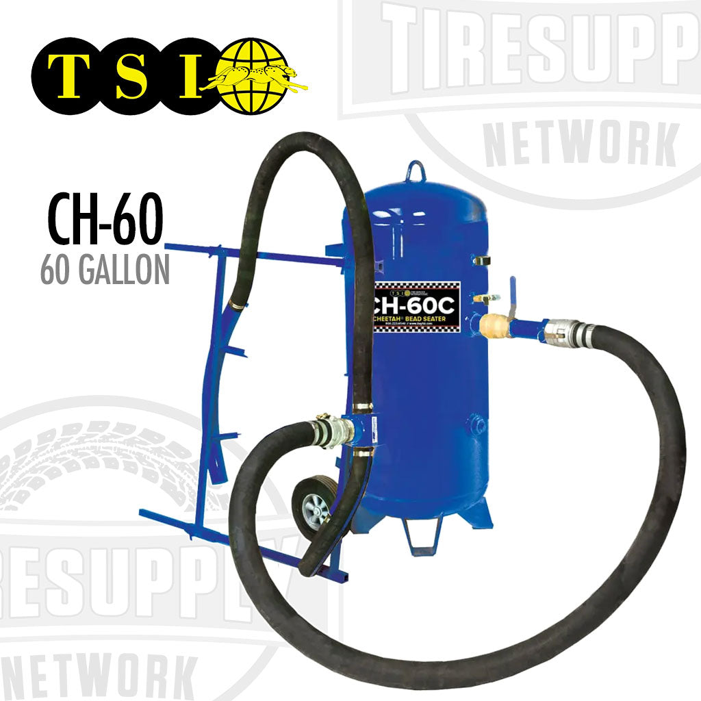 Blue air compressor with hoses on a white background, featuring TSI logo. TSI | Cheetah Bead Seater – 60 Gallon ASME Tank (CH-60)