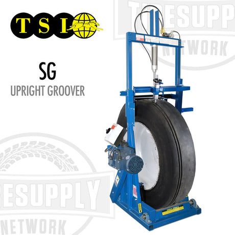 Upright groover machine with tire on a white background, featuring TSL logo. TSI | Upright Groover (SG)