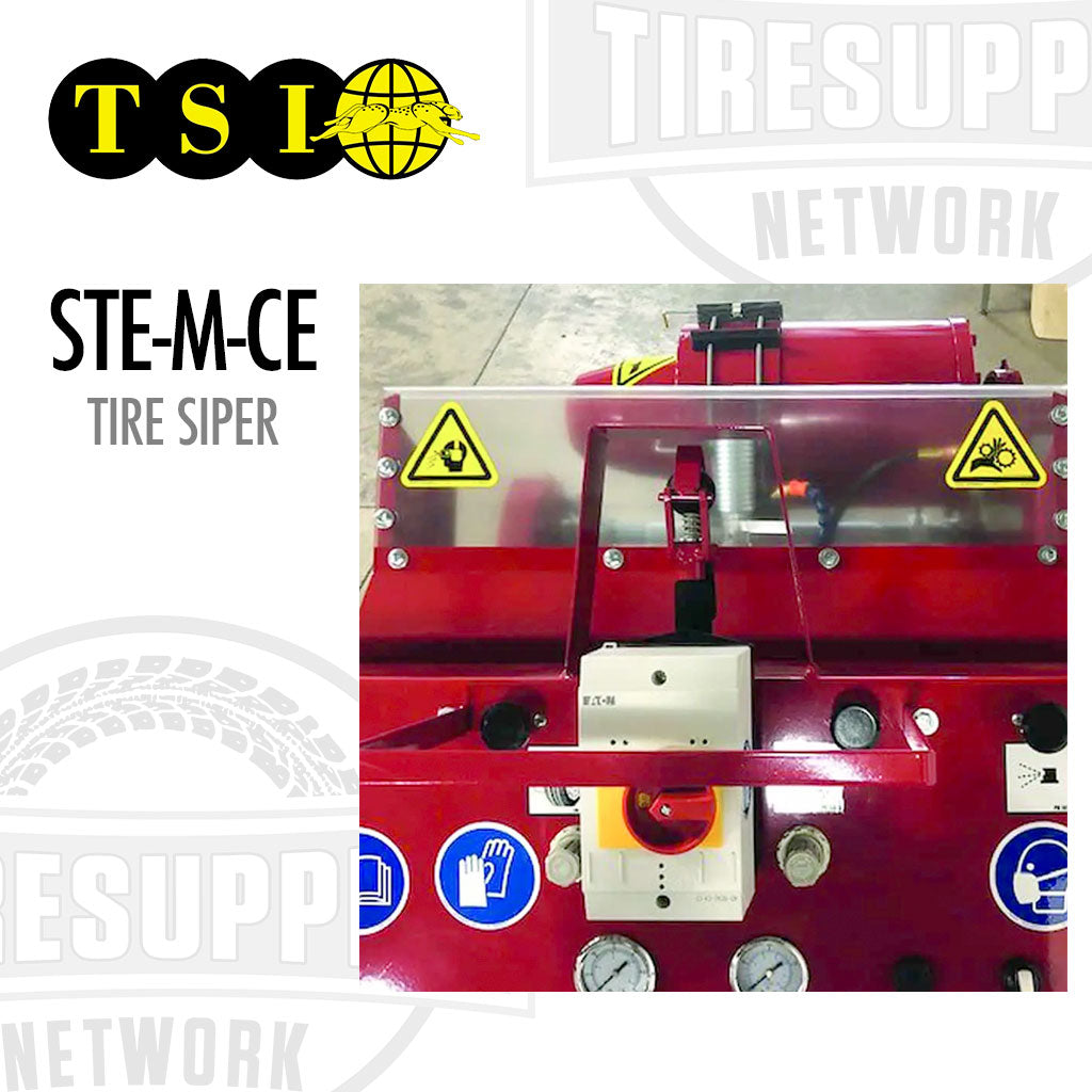 Red tire siper machine with warning labels on a white background featuring Tiresupp Network branding.