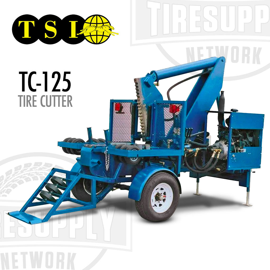 Blue tire cutter with 'TSI' logo and 'TC-125' model number on a white background. TSI | Tire Cutter 4 Turbo Powered 49.6 HP Kubota Diesel Engine (TC-125)
