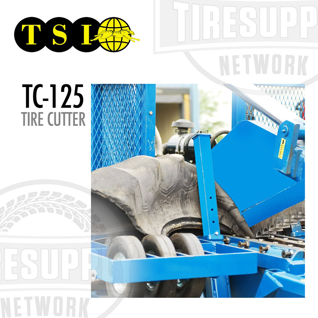 Blue tire cutter with tire on a white background, featuring TSI logo. TSI | Tire Cutter 4 Turbo Powered 49.6 HP Kubota Diesel Engine (TC-125)