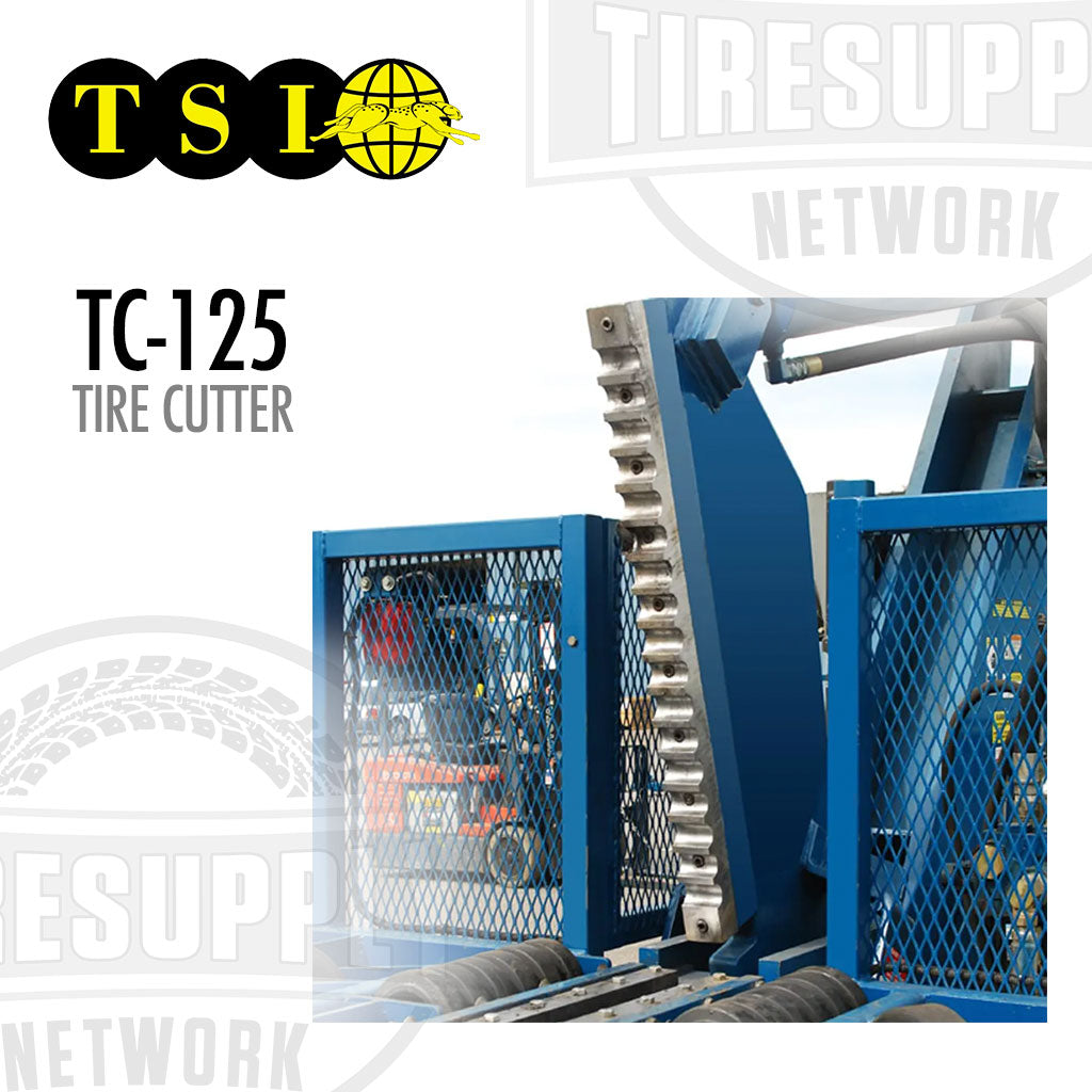 Blue tire cutter with 'TSI' and tire supply network branding on a white background TSI | Tire Cutter 4 Turbo Powered 49.6 HP Kubota Diesel Engine (TC-125)