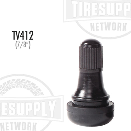 A black rubber snap-in valve stem with the label TV-412 and 7/8 inch indicated on it.
