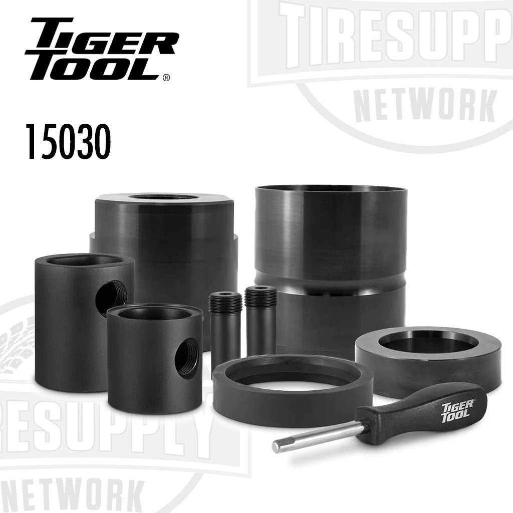 Set of black cylindrical tools with a screwdriver on a white background, featuring Tiger Tool branding. 15030