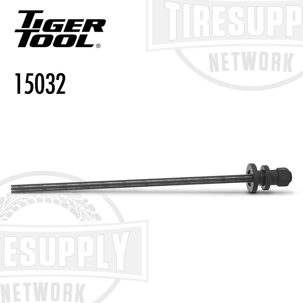 Black metal rod with threaded end on a white background, branded with Tiger Tool and Tire supply Network. 15032