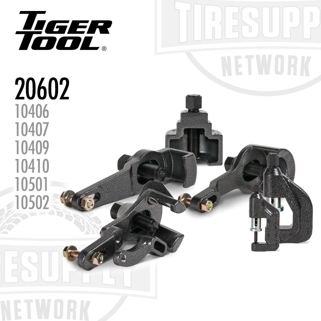 Black metal tool components with Tiger Tool branding on a white background. 20602, 10406, 10407, 10409, 10410, 10501, 10502