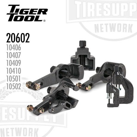 Black metal tool components with Tiger Tool branding on a white background. 20602, 10406, 10407, 10409, 10410, 10501, 10502