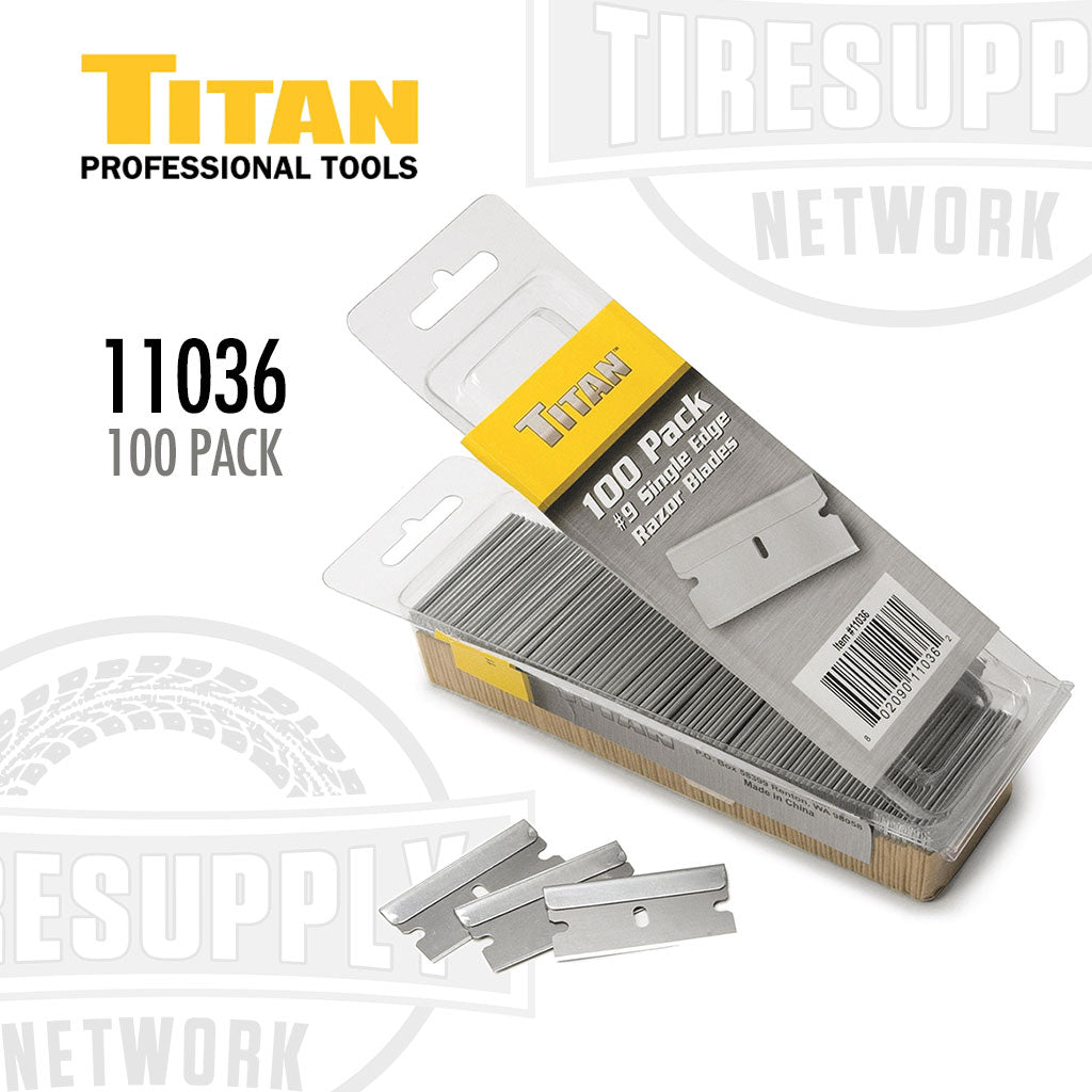 Packaged razor blades with Titan Professional Tools branding on a white background. 11036