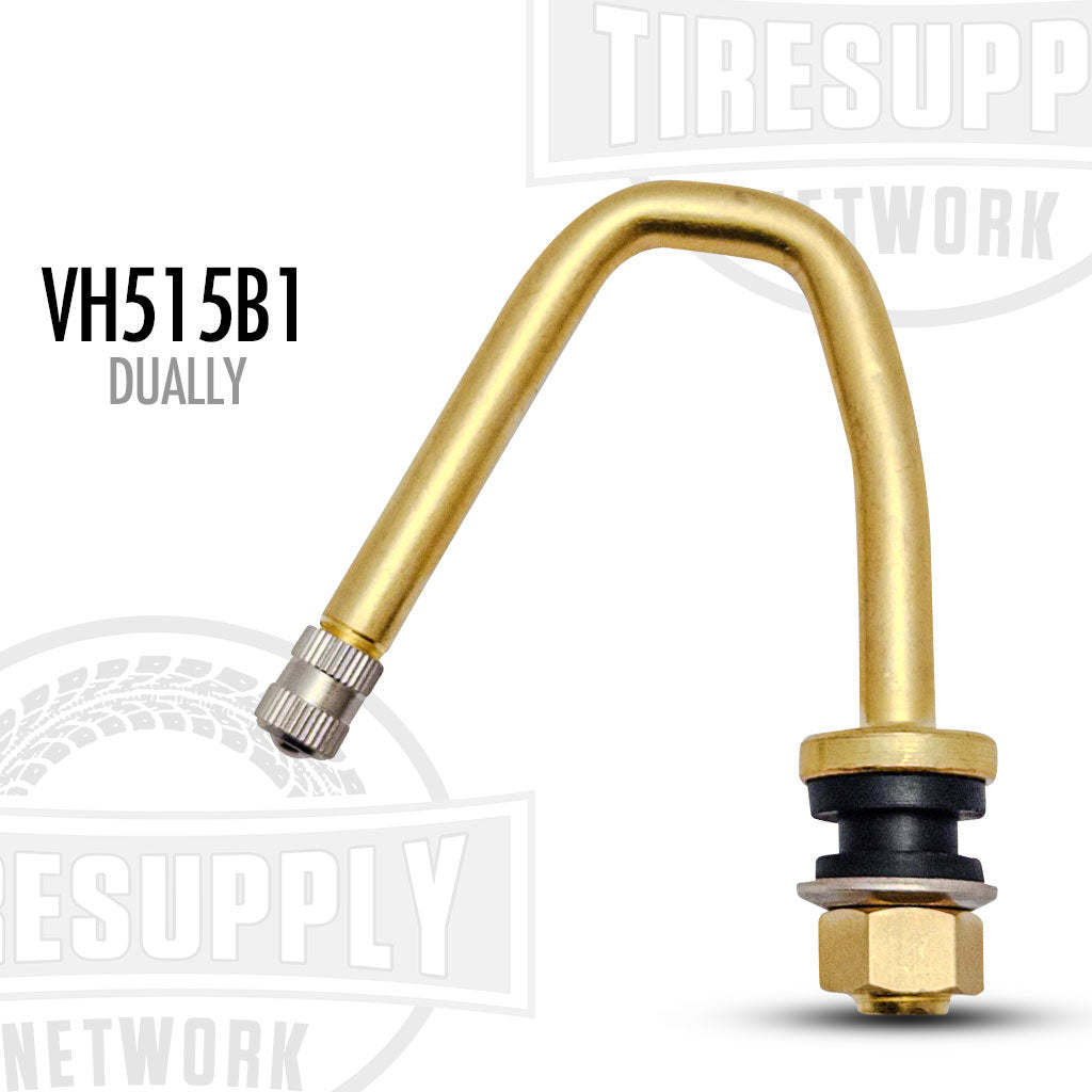 A gold-colored Dually Valve 1" Longer Equal (VH515B1) with a black grommet and silver metal stem.