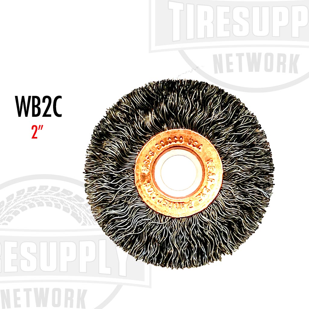 A 2 inch coarse wire brush wheel with a visible arbor hole in the center and metal wire bristles.