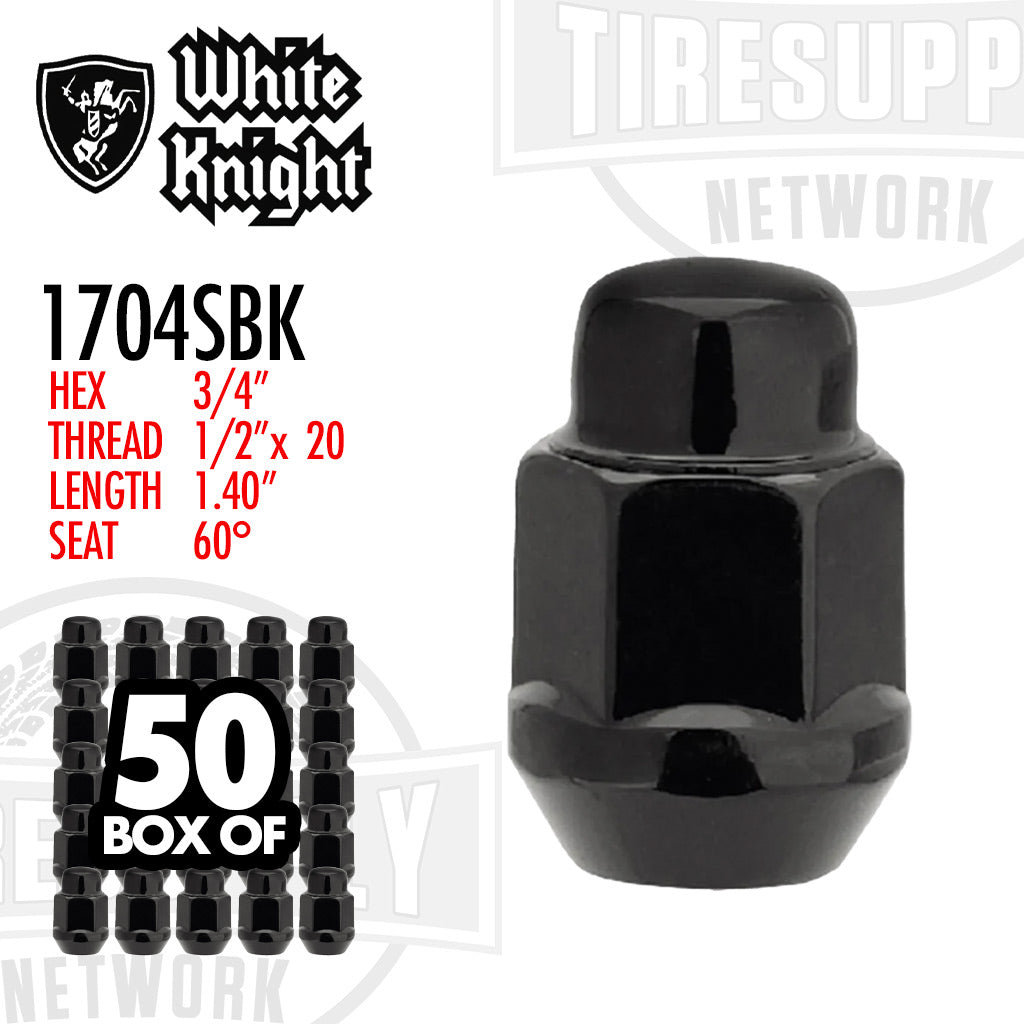 White Knight | Black Bulge Acorn 3/4″ Hex Lug Nut - Thread Size 1/2″ x 20 - Box of 50 (1704SBK)