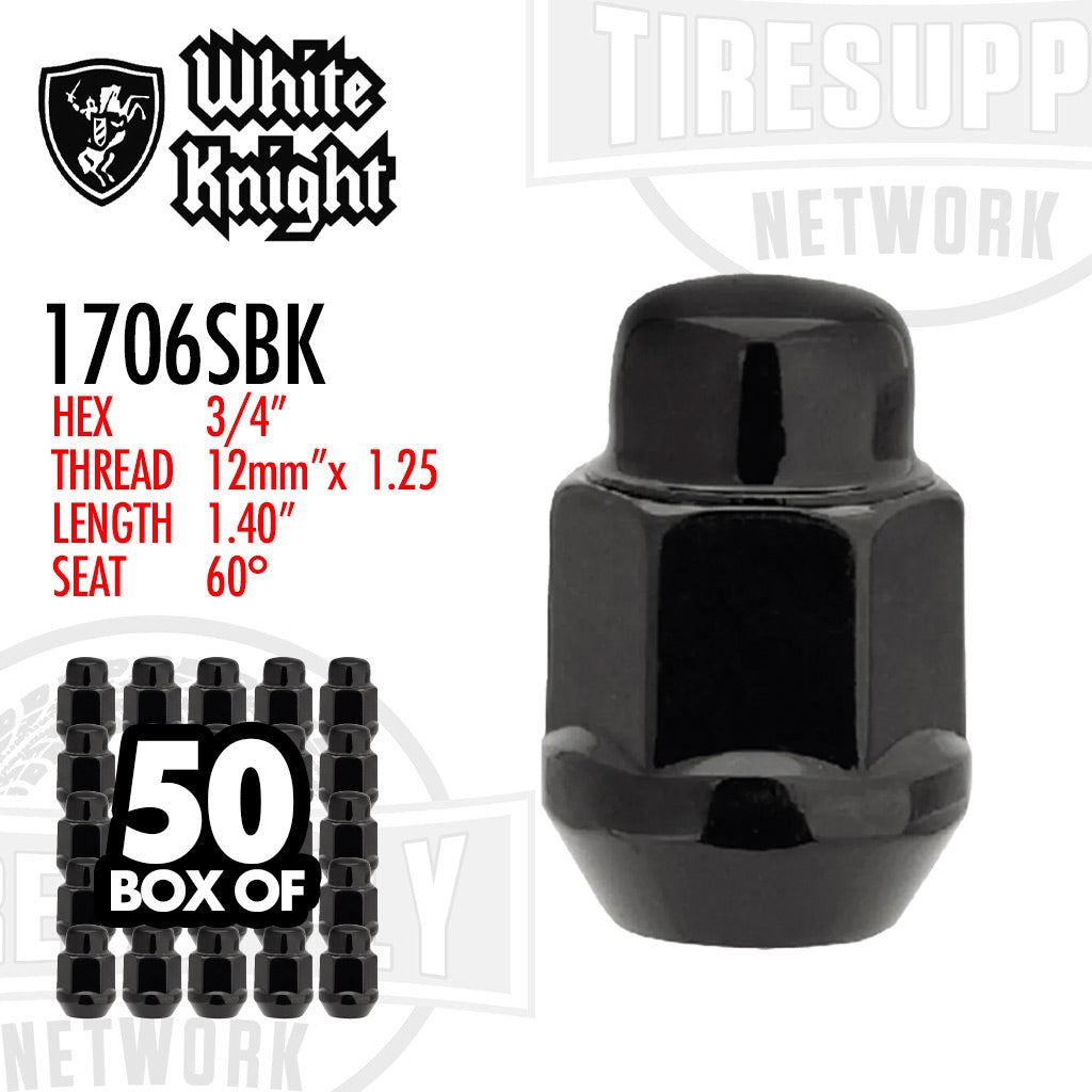 White Knight | Black Bulge Acorn 3/4″ Hex Lug Nut - Thread Size 12mm x 1.25 - Box of 50 (1706SBK)