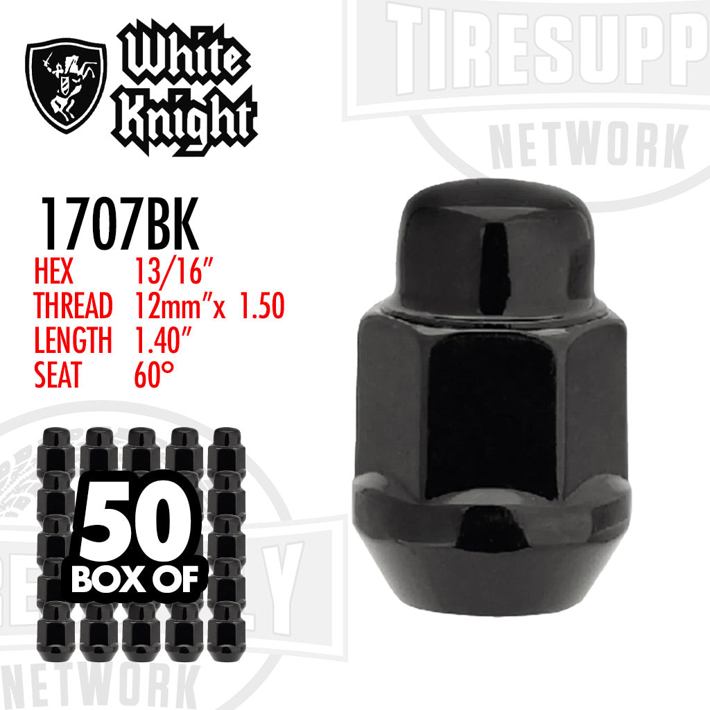 White Knight | Black Bulge Acorn 13/16″ Hex Lug Nut - Thread Size 12mm x 1.50 - Box of 50 (1707BK)