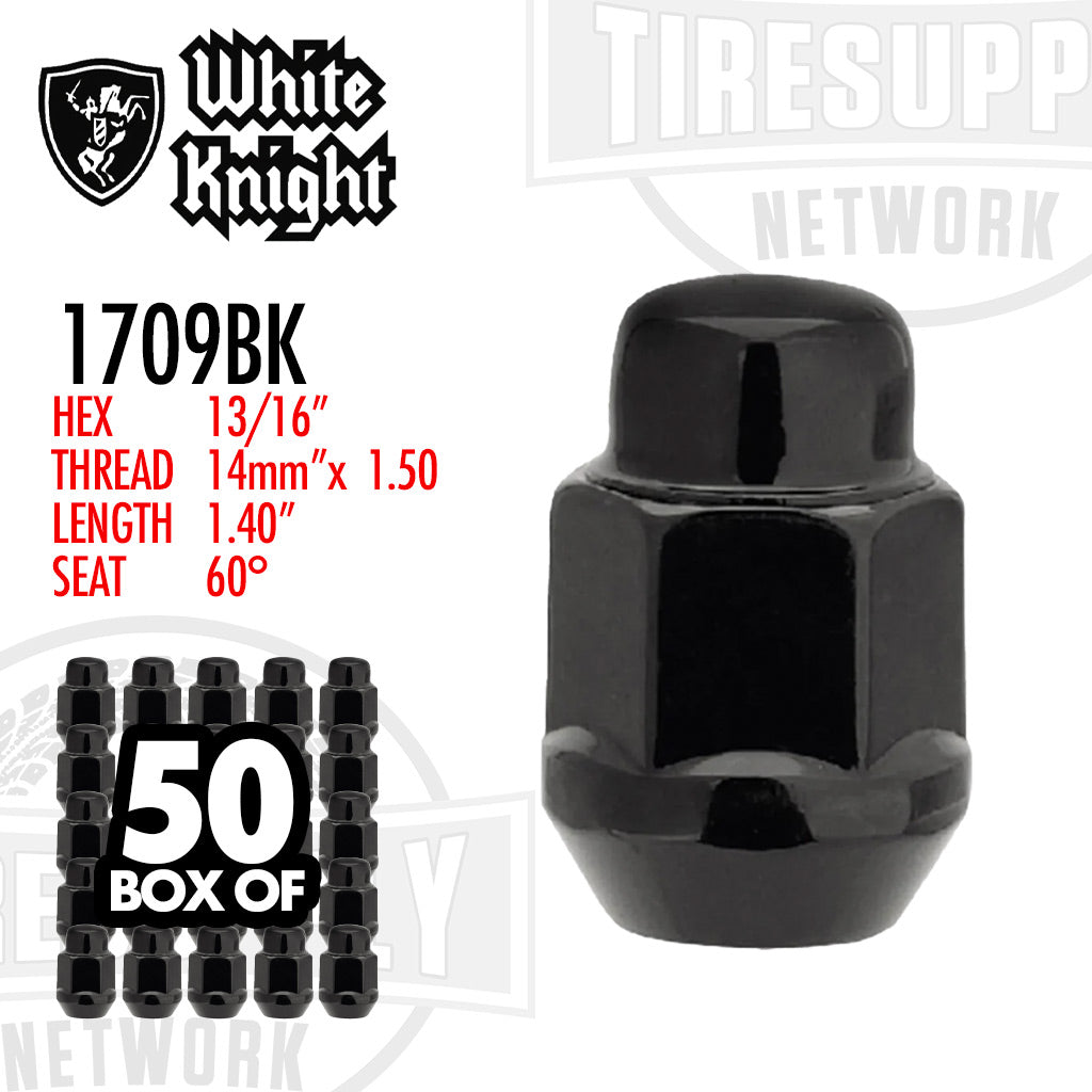 White Knight | Black Bulge Acorn 13/16″ Hex Lug Nut - Thread Size 14mm x 1.50 - Box of 50 (1709BK)