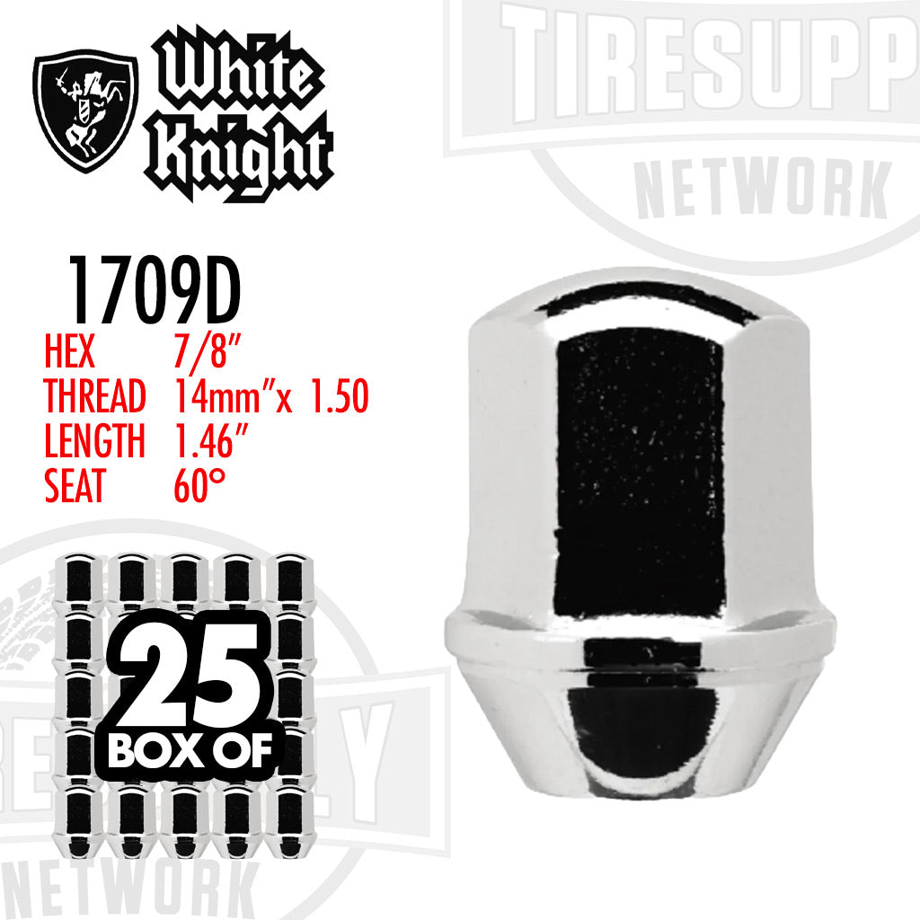 White Knight | Chrome Duplex Bulge Acorn 7/8″ Hex OEM Factory Lug Nut - Thread Size 14mm x 1.50 - Box of 25 (1709D)