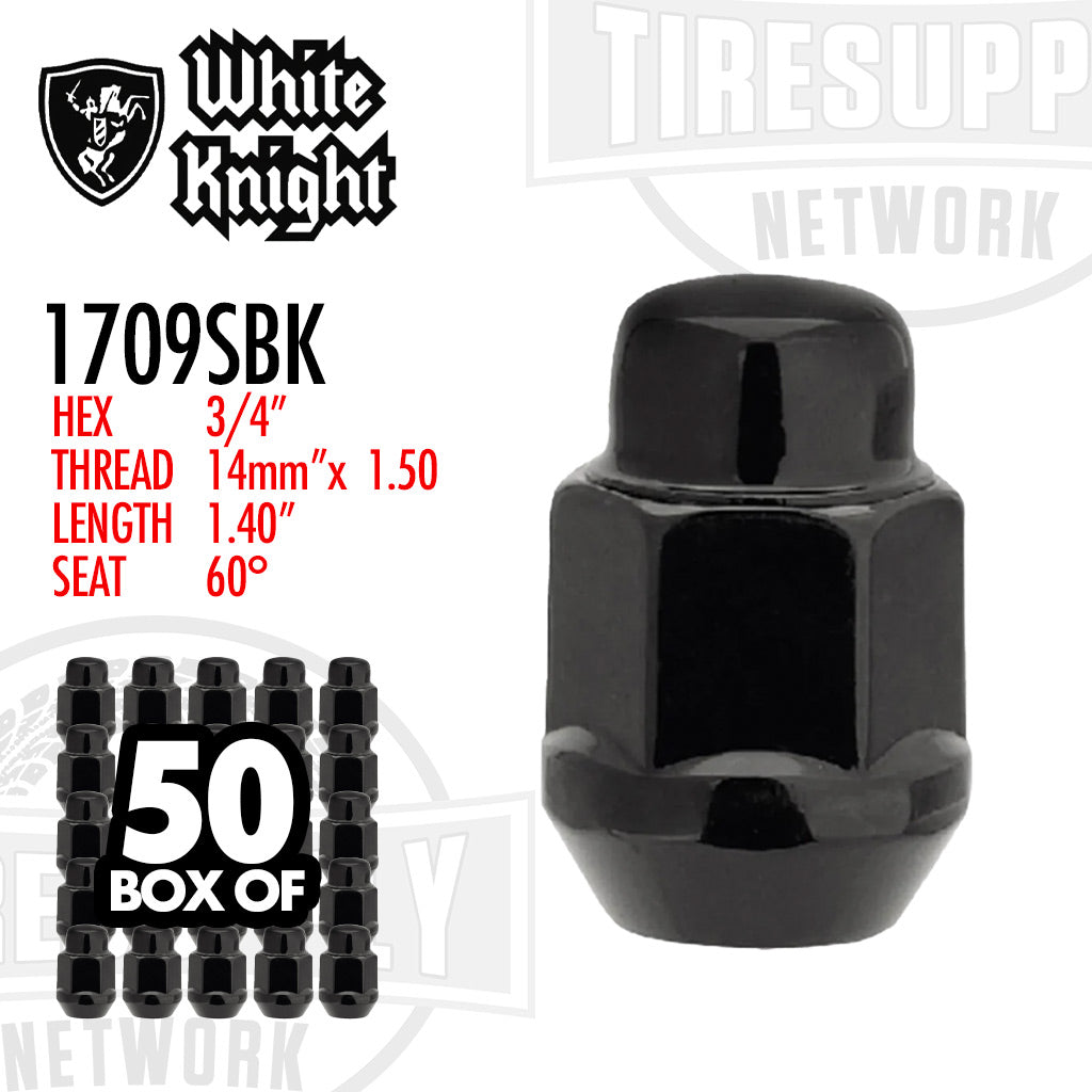White Knight | Black Bulge Acorn 3/4″ Hex Lug Nut - Thread Size 14mm x 1.50 - Box of 50 (1709SBK)