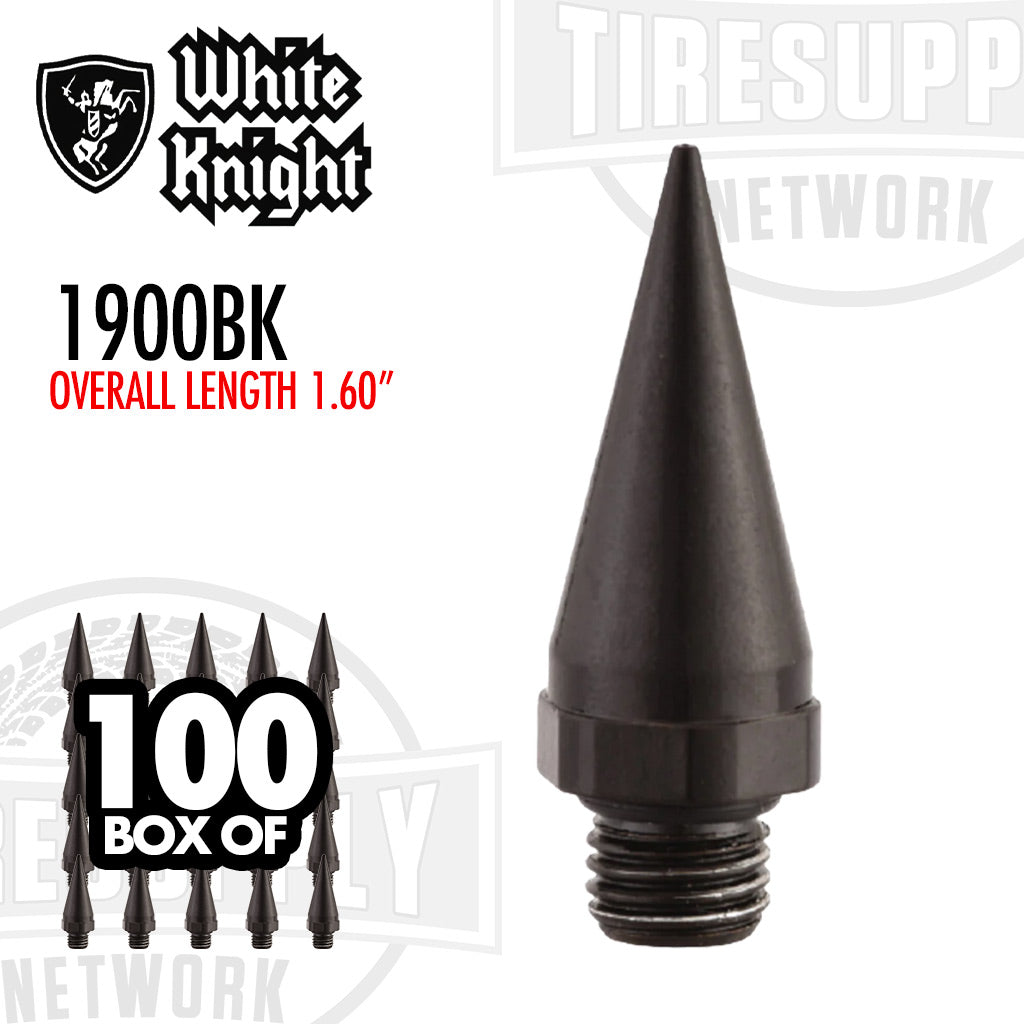 A black aluminum spike extension with the White Knight logo and product information, indicating a length of 1.60 inches and a box quantity of 100. 1900BK