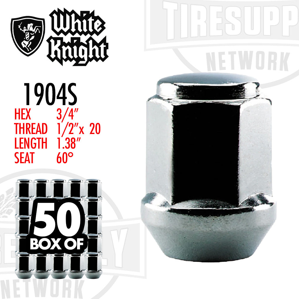White Knight | Chrome Bulge Acorn 3/4″ Hex Lug Nut - Thread Size 1/2″ x 20 - Box of 50 (1904S)