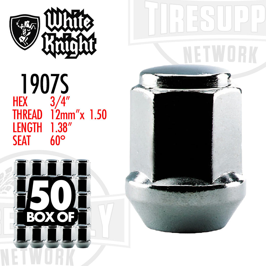 White Knight | Chrome Bulge Acorn 3/4″ Hex Lug Nut - Thread Size 12mm x 1.50 - Box of 50 (1907S)