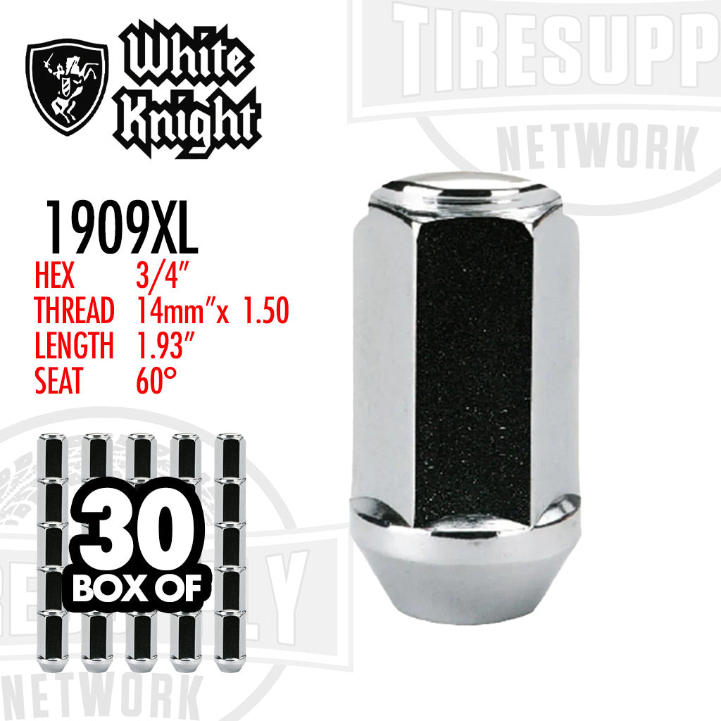 White Knight | Chrome XL Bulge Acorn 3/4″ Hex Lug Nut - Thread Size 14mm x 1.50 - Box of 30 (1909XL)