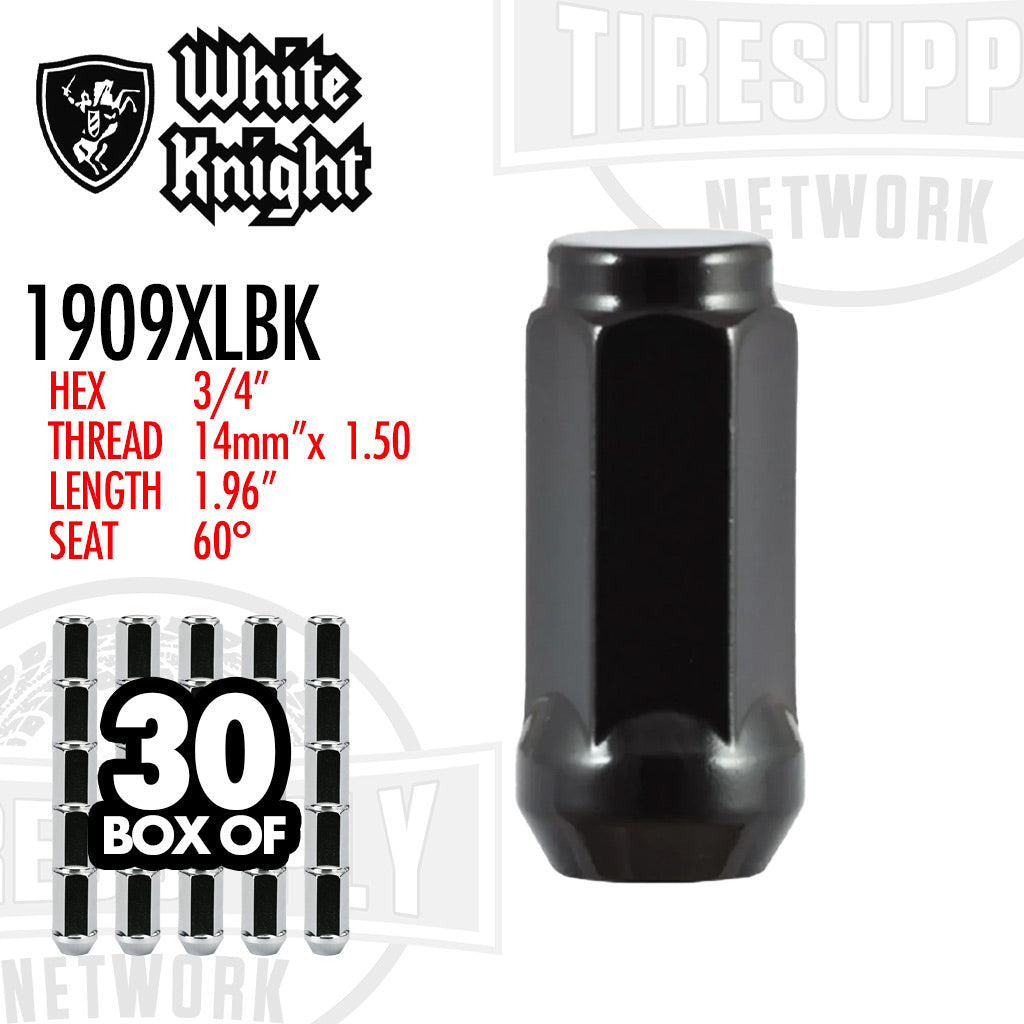 White Knight | Black XL Bulge Acorn 3/4″ Hex Lug Nut - Thread Size 14mm x 1.50 - Box of 30 (1909XLBK)