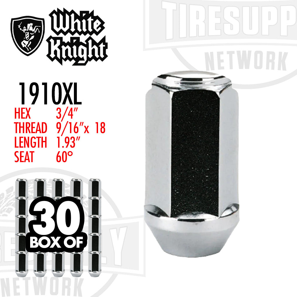 White Knight | Chrome XL Bulge Acorn 3/4″ Hex Lug Nut - Thread Size 9/16″ x 18 - Box of 30 (1910XL)