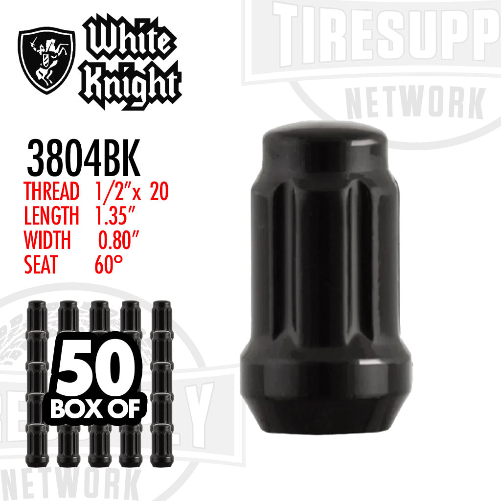 White Knight | Gloss Black Spline Acorn Lug Nut - Thread Size 1/2″ x 20 - Box of 50 (3804BK)