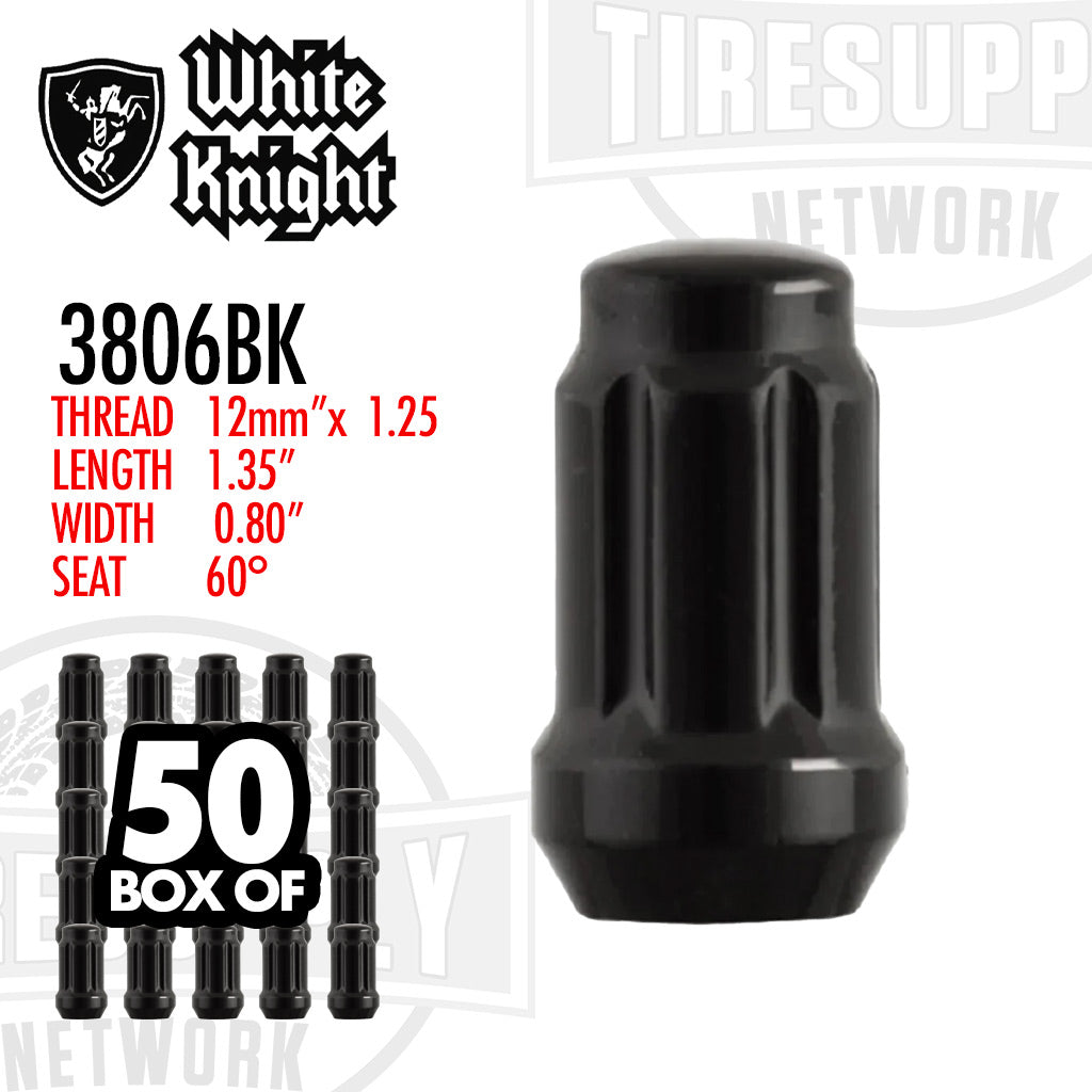 White Knight | Gloss Black Spline Acorn Lug Nut - Thread Size 12mm x 1.25 - Box of 50 (3806BK)