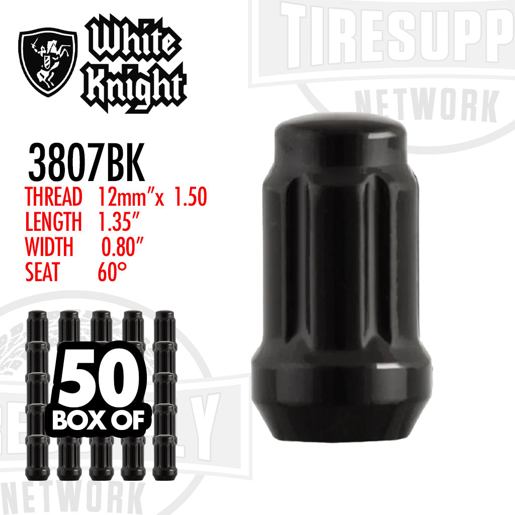 White Knight | Gloss Black Spline Acorn Lug Nut - Thread Size 12mm x 1.50 - Box of 50 (3807BK)