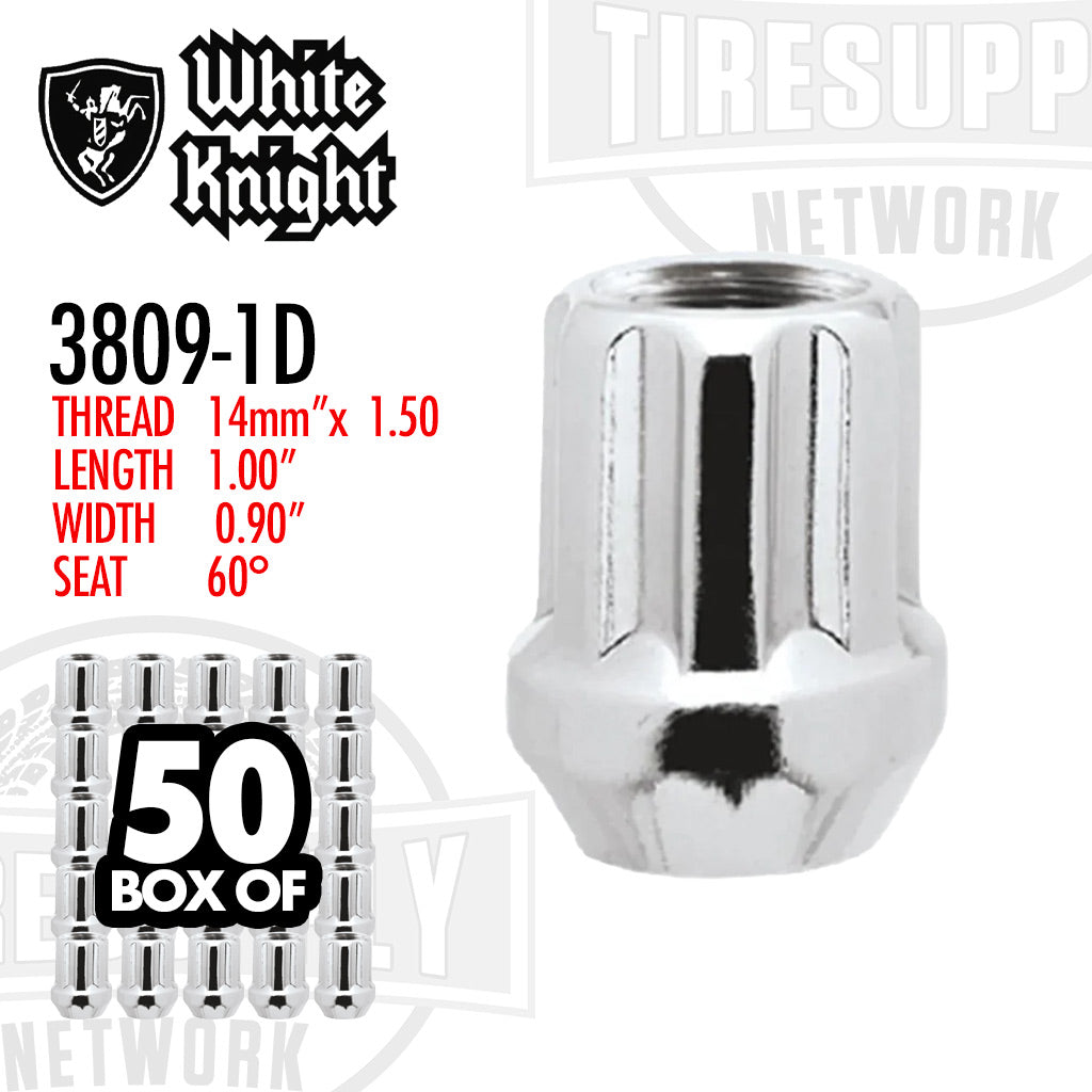 White Knight | Chrome Open-End Duplex Spline Acorn Lug Nut - Thread Size 14mm x 1.50 - Box of 50 (3809-1D)
