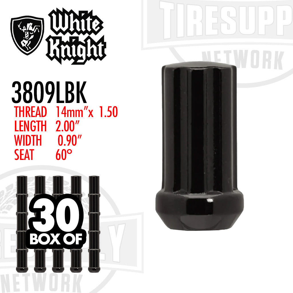 White Knight | Black Duplex Spline Acorn Long Lug Nut - Thread Size 14mm x 1.50 - Box of 30 (3809LBK)