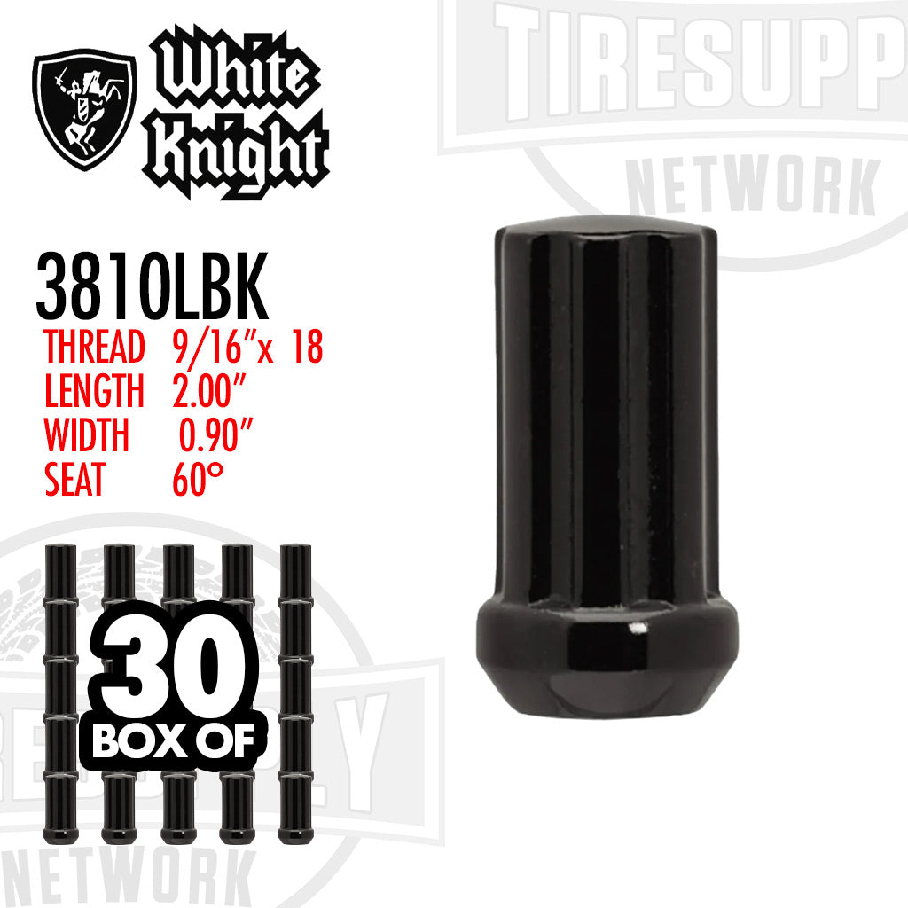 White Knight | Black Duplex Spline Acorn Long Lug Nut - Thread Size 9/16″ x 18 - Box of 30 (3810LBK)
