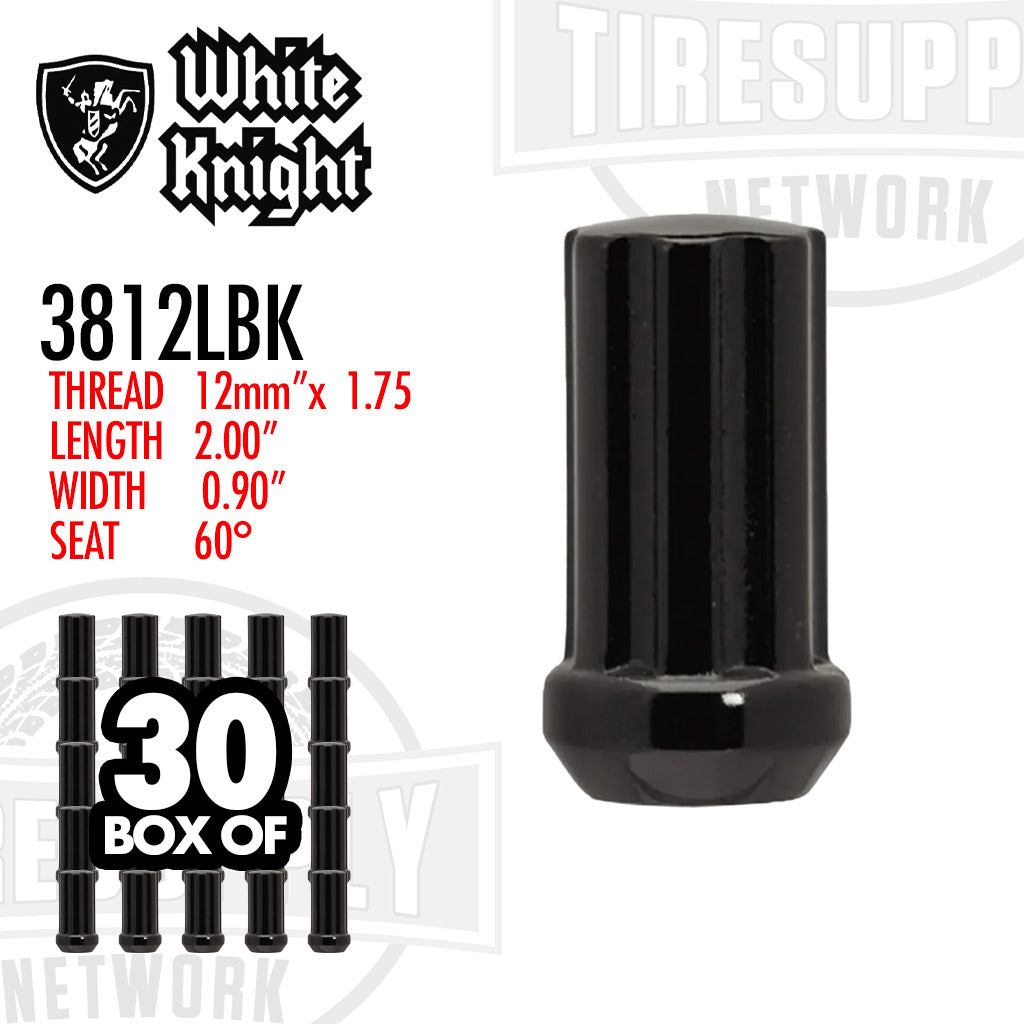 White Knight | Black Duplex Spline Acorn Long Lug Nut - Thread Size 12mm x 1.75 - Pack of 30 (3812LBK)