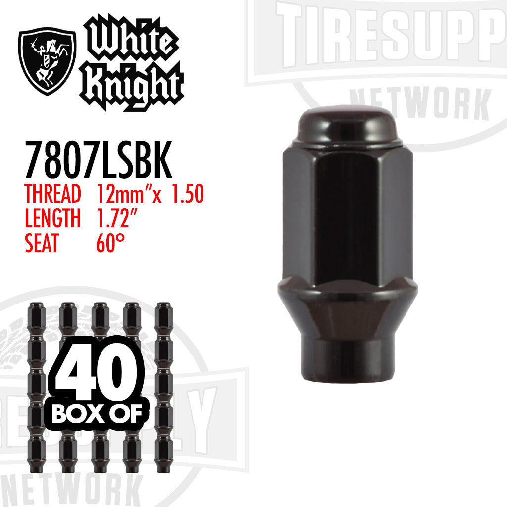 White Knight | Black ET Bulge 3/4″ Hex Long Lug Nut - Thread Size 12mm x 1.50 - Box of 40 (7807LSBK)