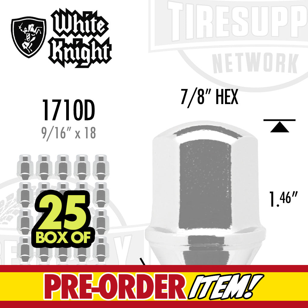PRE-ORDER: White Knight | Chrome Duplex Bulge Acorn 7/8″ Hex OEM Factory Lug Nut - Thread Size 9/16″ x 18 - Box of 25 (1710D)