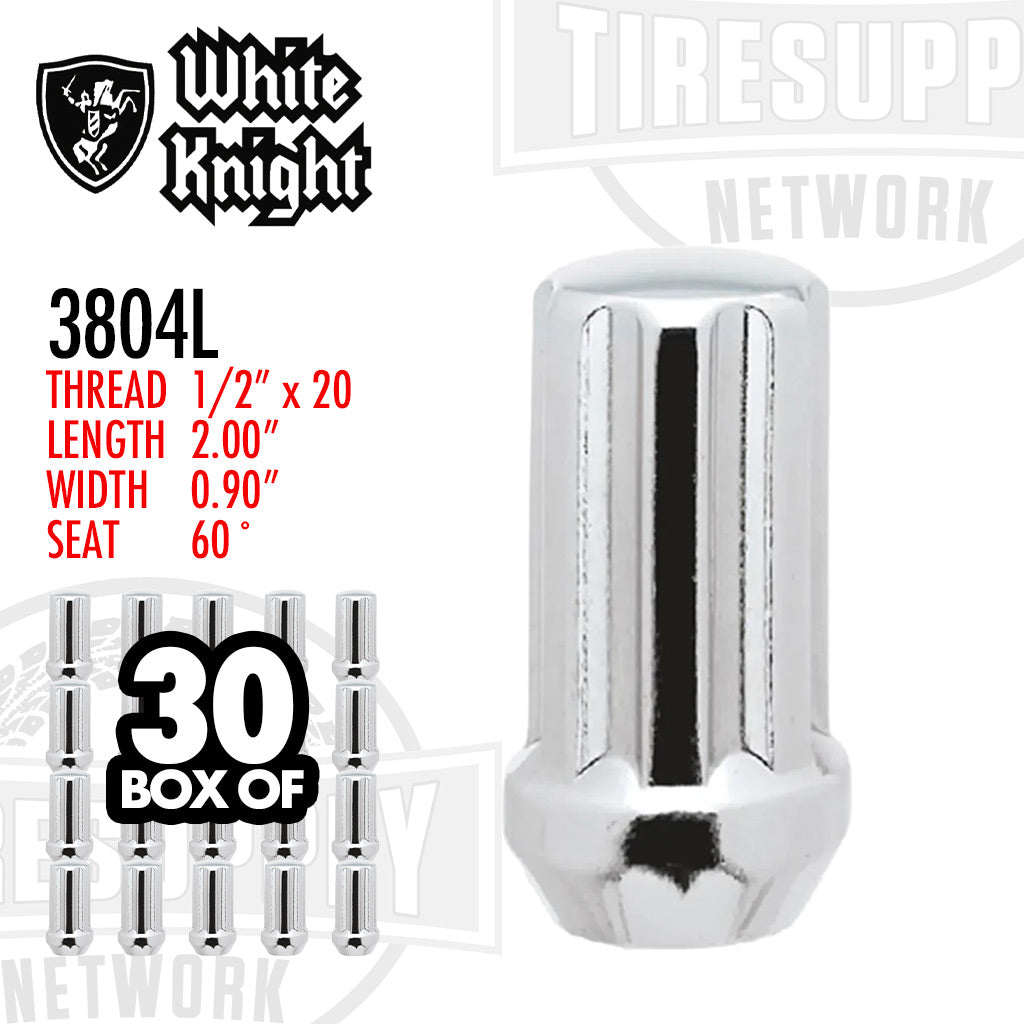 White Knight | Chrome Duplex Spline Acorn Long Lug Nut - Thread Size 1/2″ x 20 - Box of 30 (3804L)